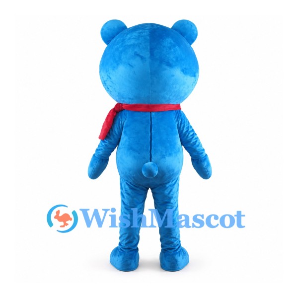 Blue Bear Mascot Costume with Red Scarf and White Belly