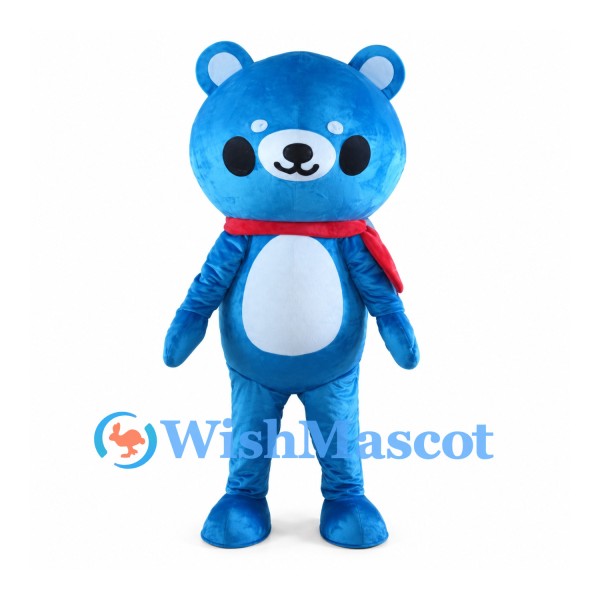 Blue Bear Mascot Costume with Red Scarf and White Belly
