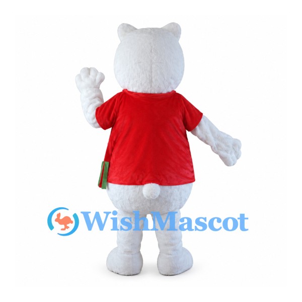 Polar Bear Mascot Costume with Red Shirt and Small Round Ears