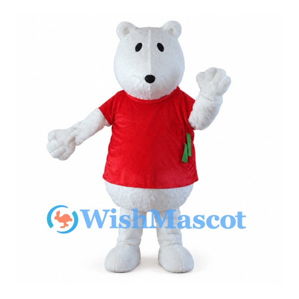Polar Bear Mascot Costume with Red Shirt and Small Round Ears