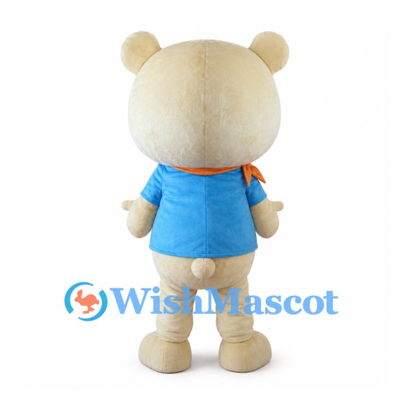 Cream Bear Mascot Costume with Blue Shirt and Orange Neck Scarf