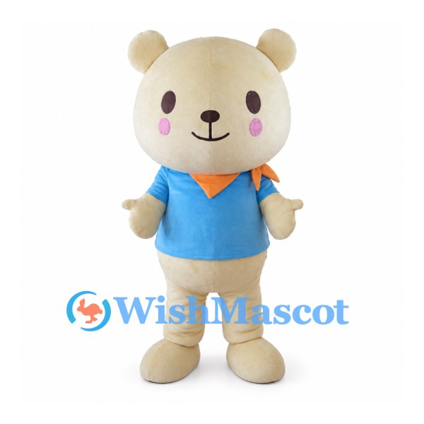 Cream Bear Mascot Costume with Blue Shirt and Orange Neck Scarf
