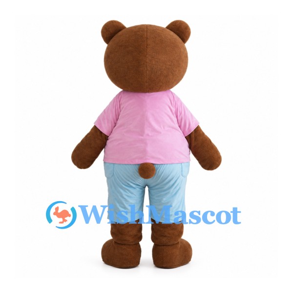 Brown Bear Mascot Costume with Pink Shirt and Light Blue Pants