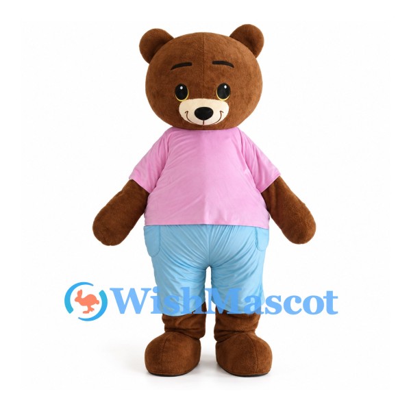 Brown Bear Mascot Costume with Pink Shirt and Light Blue Pants
