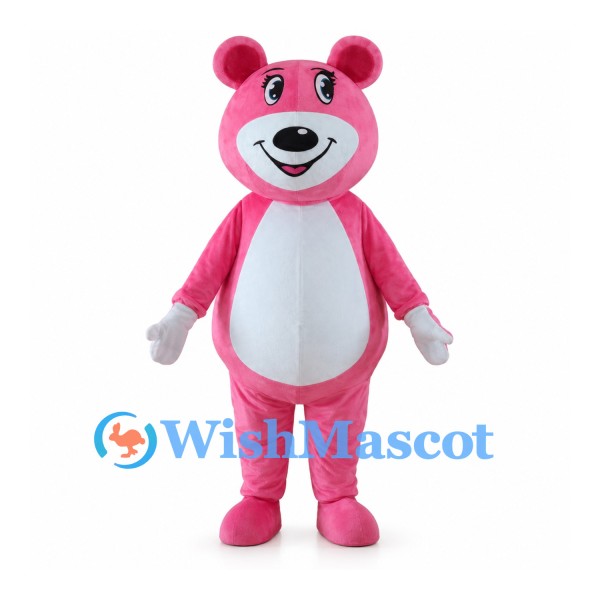 Pink Bear Mascot Costume with White Belly and White Gloves