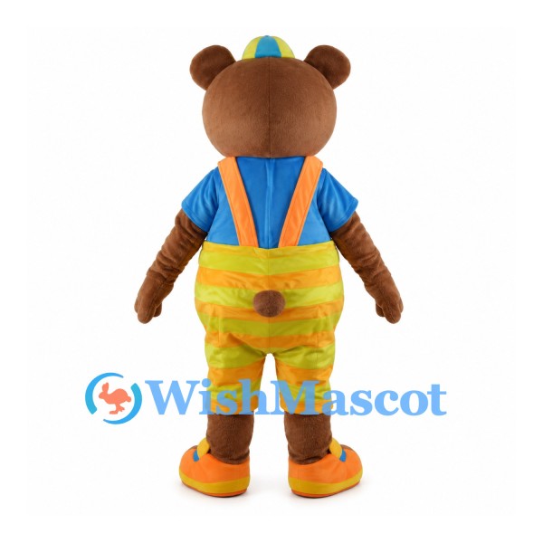 Bear Mascot Costume with Blue Shirt and Yellow Striped Overalls