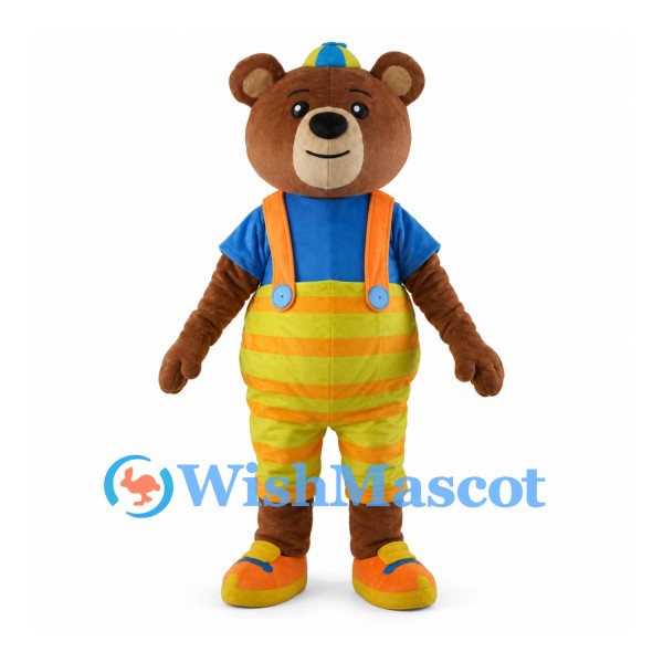Bear Mascot Costume with Blue Shirt and Yellow Striped Overalls