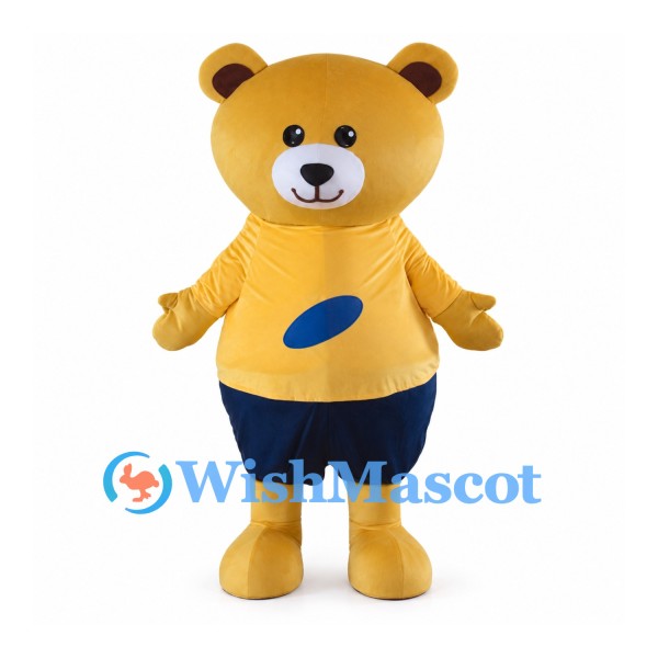 Yellow Bear Mascot Costume with Yellow Shirt and Navy Shorts