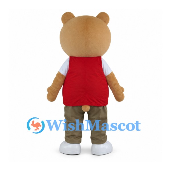 Tan Bear Mascot Costume with Red Waistcoat and Olive Pants