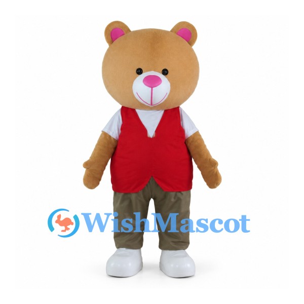 Tan Bear Mascot Costume with Red Waistcoat and Olive Pants