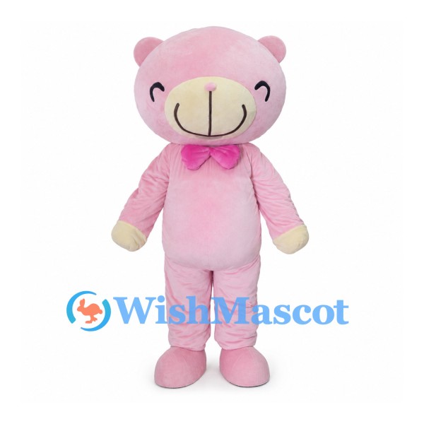 Pink Bear Mascot Costume with Pink Bow Tie and Smiling Eyes