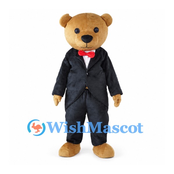 Bear Mascot Costume with Black Tuxedo and Red Bow Tie