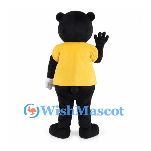 Black Bear Mascot Costume with Yellow Shirt and Red Nose