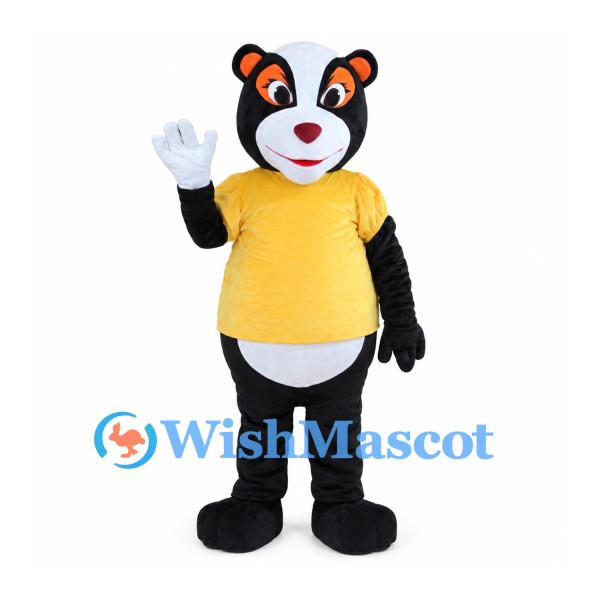 Black Bear Mascot Costume with Yellow Shirt and Red Nose