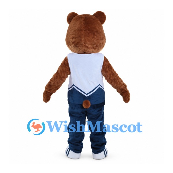 Brown Bear Mascot Costume with White Chevron Shirt and Navy Pants