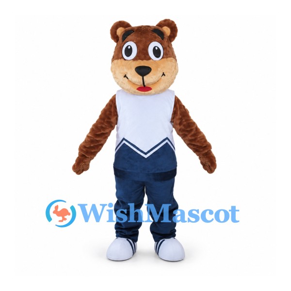 Brown Bear Mascot Costume with White Chevron Shirt and Navy Pants