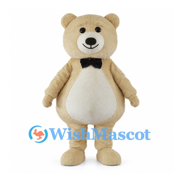 Cream Bear Mascot Costume with Black Bow Tie and White Belly