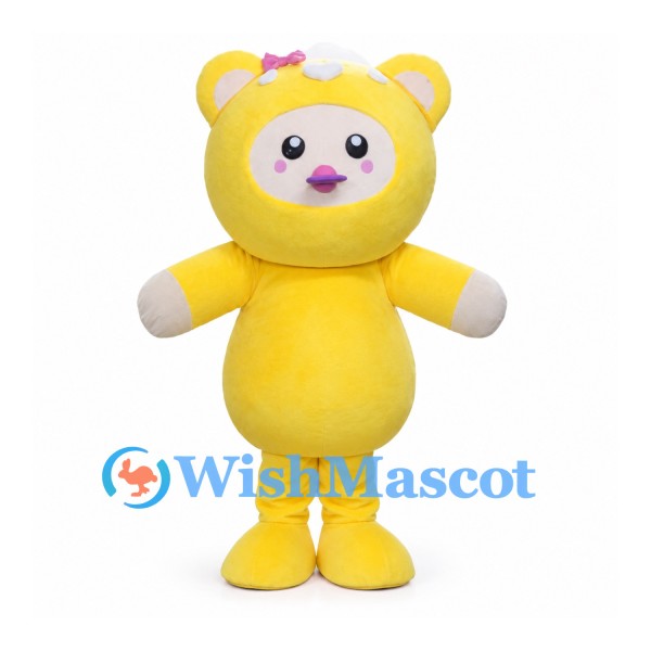 Yellow Bear Character Mascot Costume with Pink Bows and White Face