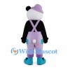 Panda Mascot Costume with Purple Cap and Lavender Overalls