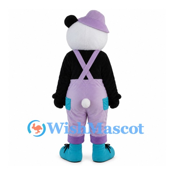 Panda Mascot Costume with Purple Cap and Lavender Overalls