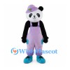 Panda Mascot Costume with Purple Cap and Lavender Overalls