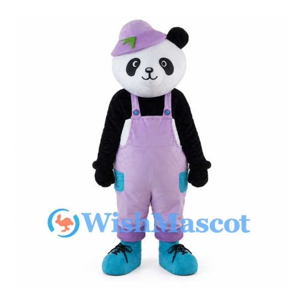 Panda Mascot Costume with Purple Cap and Lavender Overalls
