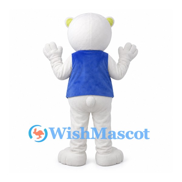 White Bear Mascot Costume with Blue Waistcoat and Bow Tie