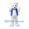 White Bear Mascot Costume with Blue Waistcoat and Bow Tie