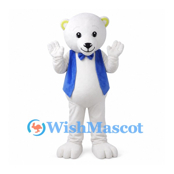 White Bear Mascot Costume with Blue Waistcoat and Bow Tie