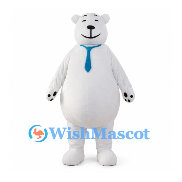 Polar Bear Mascot Costume with Teal Neck Tie and Round Belly