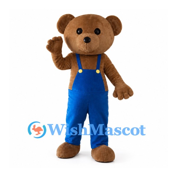Brown Bear Mascot Costume with Blue Suspender Overalls