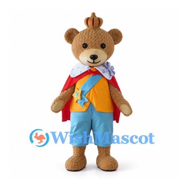 Bear King Mascot Costume with Red Cape and Gold Crown