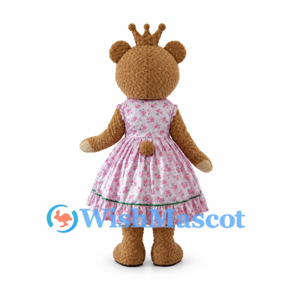 Bear Princess Mascot Costume with Floral Dress and Gold Crown
