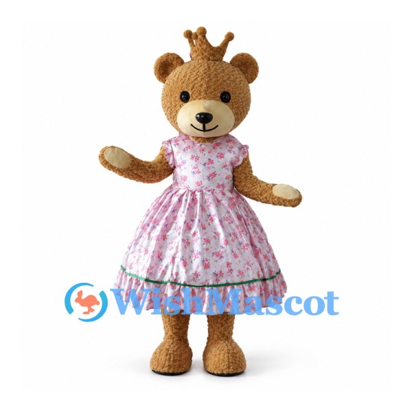 Bear Princess Mascot Costume with Floral Dress and Gold Crown