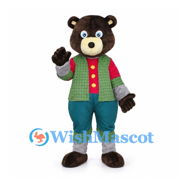 Bear Mascot Costume with Green Checkered Coat and Teal Pants