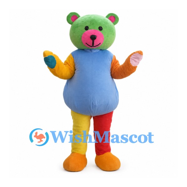 Multicolor Bear Mascot Costume with Green Head and Blue Belly
