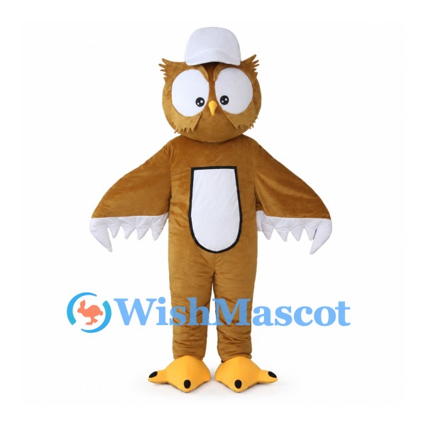 Owl Mascot Costume in Brown with White Cap and Belly Panel