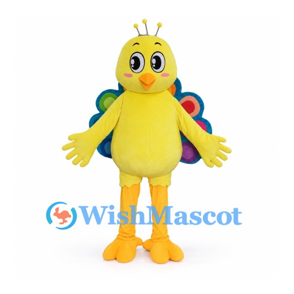 Peacock Mascot Costume in Yellow with Colorful Fan Tail