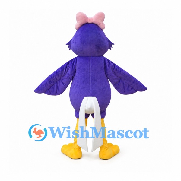 Purple Bird Mascot Costume with Pink Bow and White Belly