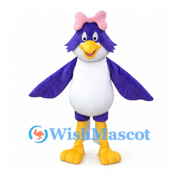 Purple Bird Mascot Costume with Pink Bow and White Belly