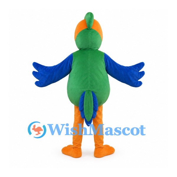 Parrot Mascot Costume with Green Body Blue Wings and Orange Legs