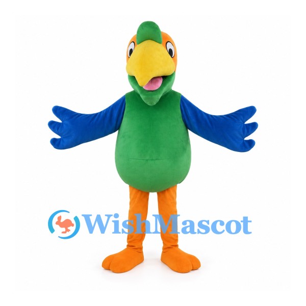 Parrot Mascot Costume with Green Body Blue Wings and Orange Legs
