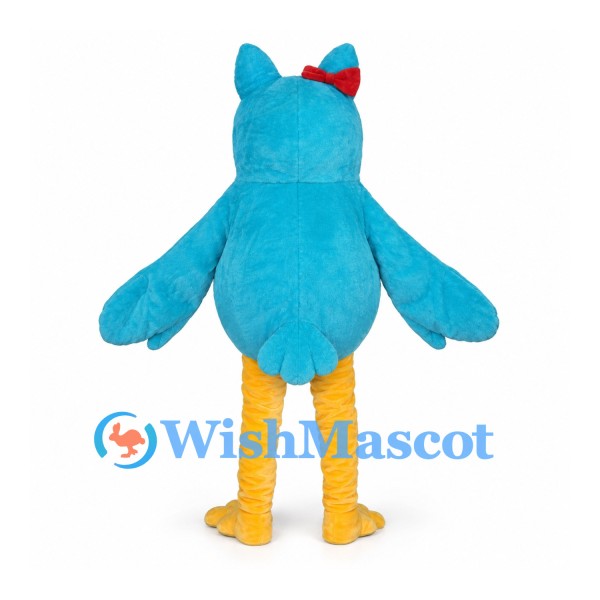 Blue Owl Mascot Costume with Red Bow and White Belly