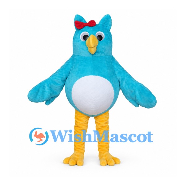Blue Owl Mascot Costume with Red Bow and White Belly