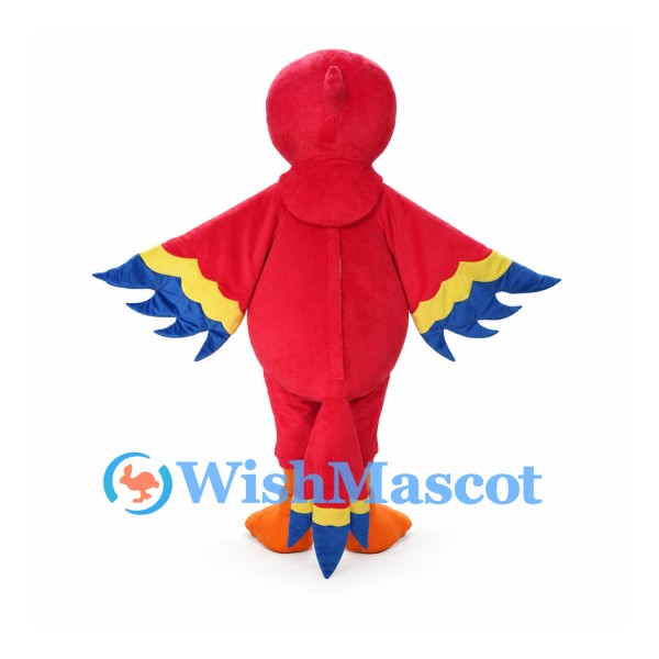 Red Parrot Mascot Costume with Blue and Yellow Wing Feathers