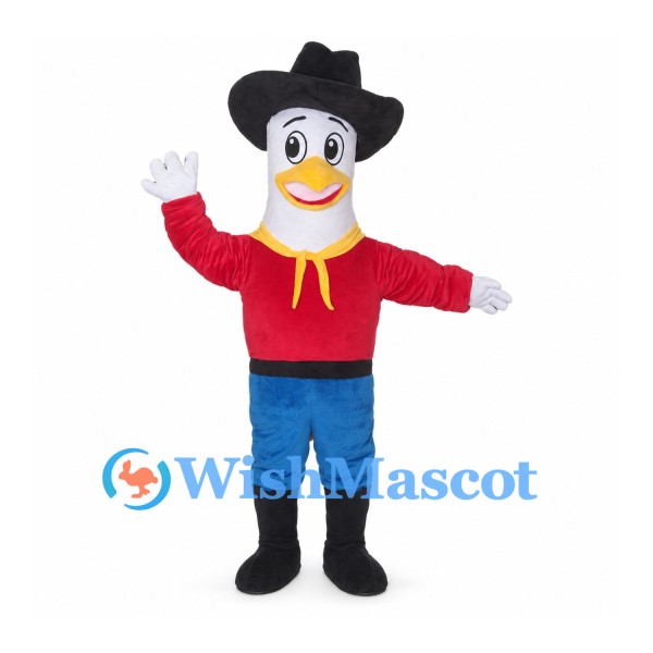 Duck Cowboy Mascot Costume with Black Hat and Red Shirt