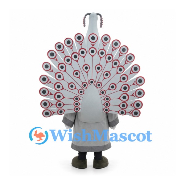 Peacock Mascot Costume in Gray with Large Patterned Fan Tail