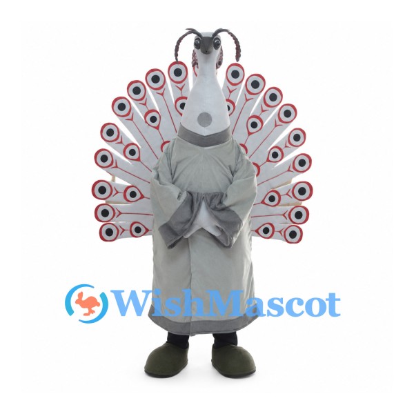 Peacock Mascot Costume in Gray with Large Patterned Fan Tail