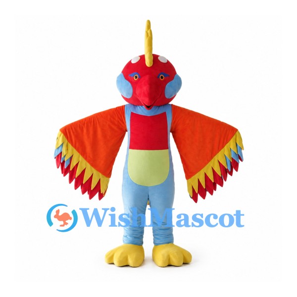 Exotic Bird Mascot Costume with Red Head and Multicolor Wings