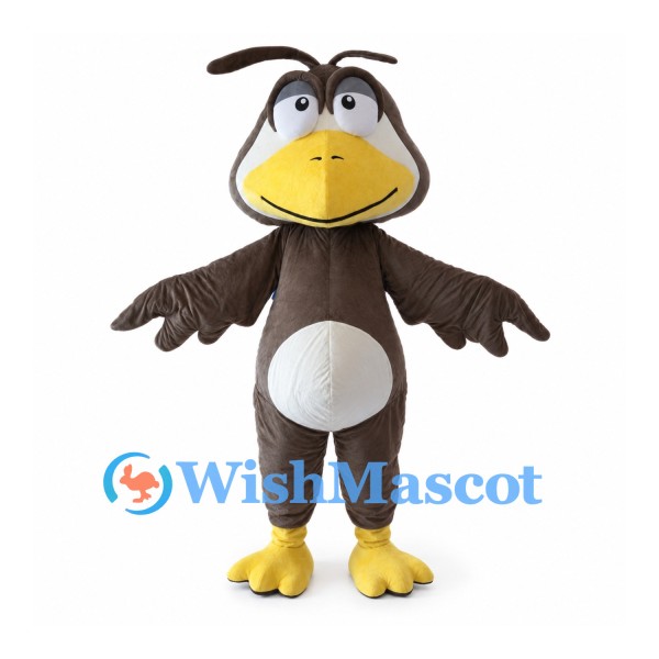 Brown Bird Mascot Costume with Yellow Beak and White Belly